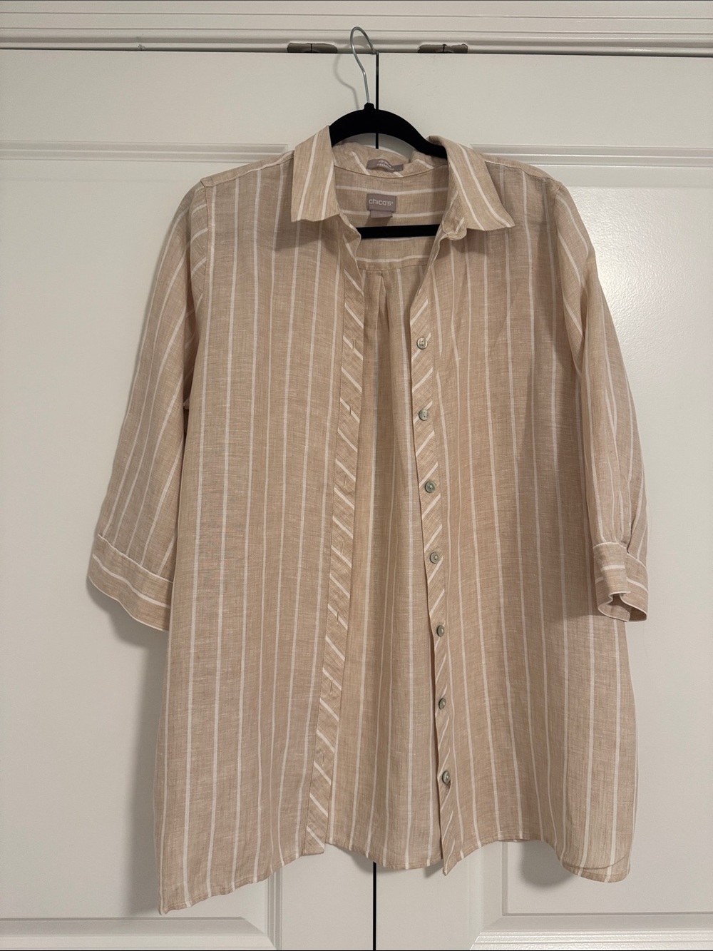 Chico's 2 Linen Beige and White Striped Shirt oversized longline